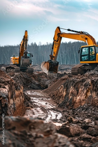Heavy machinery moving through mud, suitable for construction projects