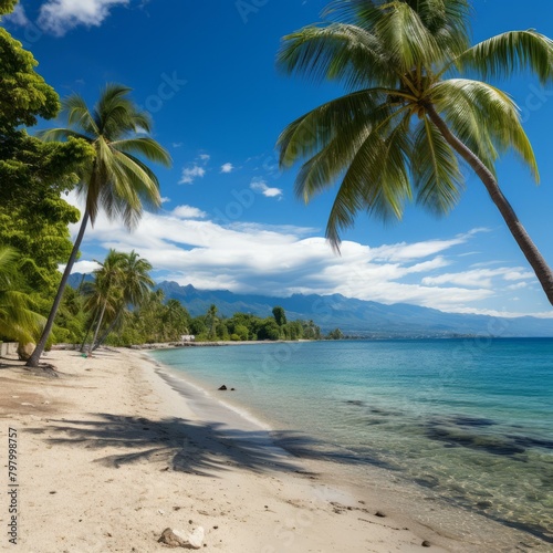 b Coconut trees on a tropical beach with white sand and crystal clear water 