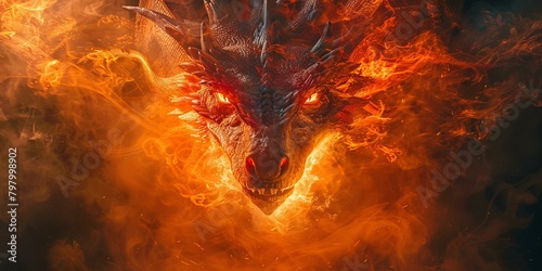 A red dragon with its eyes glowing and fire breathing out of its nostrils photo