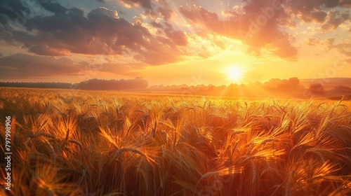 A serene sunrise over a sprawling wheat field