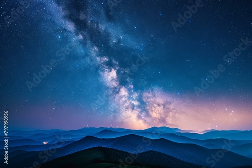 b'Starry night sky over the mountains' photo