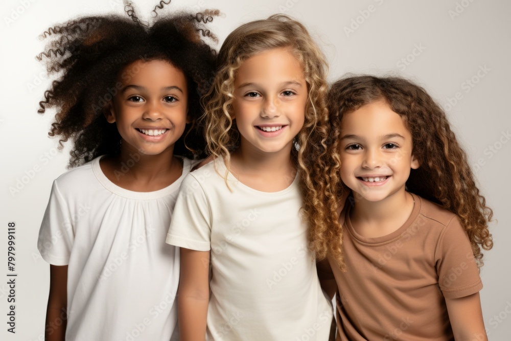 b'Three young girls of different ethnicities smiling together' b'Three young girls of different ethnicities smiling together'