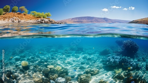 b'Half underwater and half above water view of a rocky beach with a coral reef and tropical fish swimming in the crystal clear water'