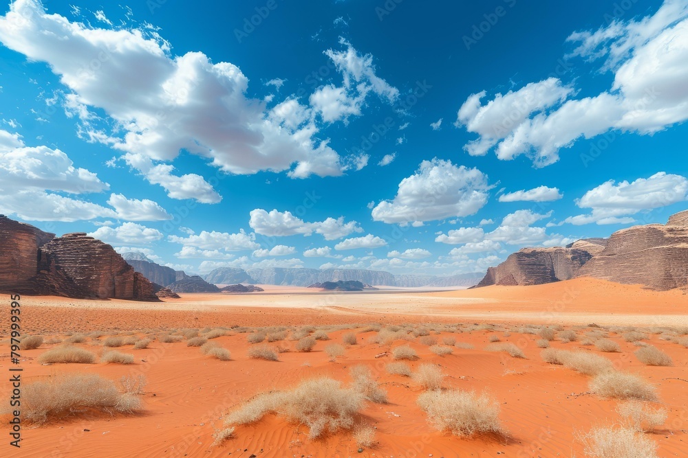 Naklejka premium b'A vast expanse of red sand desert with rugged rock formations and a bright blue sky'