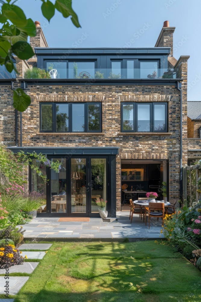 b'Black brick house with large glass windows and doors'