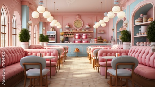 b'pink and blue pastel color scheme cafe interior design' photo