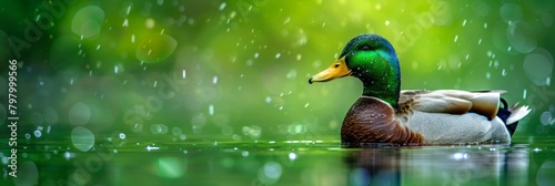 Beautiful duck bathing in scenic pond with ample copy space for banner background
