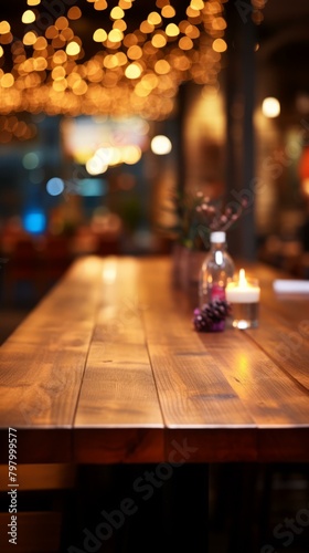 b An empty wooden table in a restaurant with a candle and a vase on it 