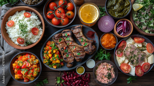 Flat-lay of family feasting with Turkish cuisine lamb chops, quince, bean, vegetable salad, babaganush, rice pilav, pumpkin dessert, lemonade over rustic table, top view. Middle East cuisine.