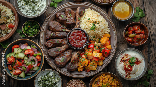 Flat-lay of family feasting with Turkish cuisine lamb chops, quince, bean, vegetable salad, babaganush, rice pilav, pumpkin dessert, lemonade over rustic table, top view. Middle East cuisine. photo