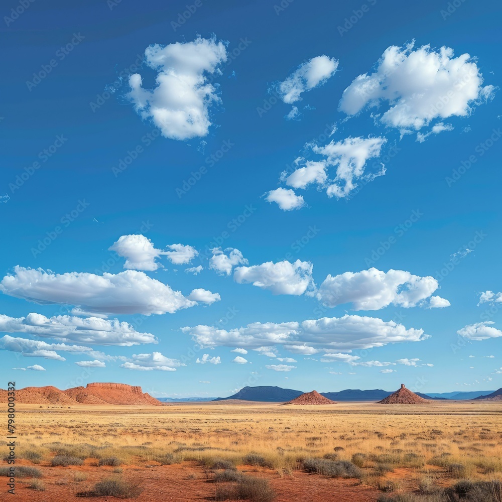 Fototapeta premium b'A vast desert landscape with red rock formations under a blue sky with white clouds'
