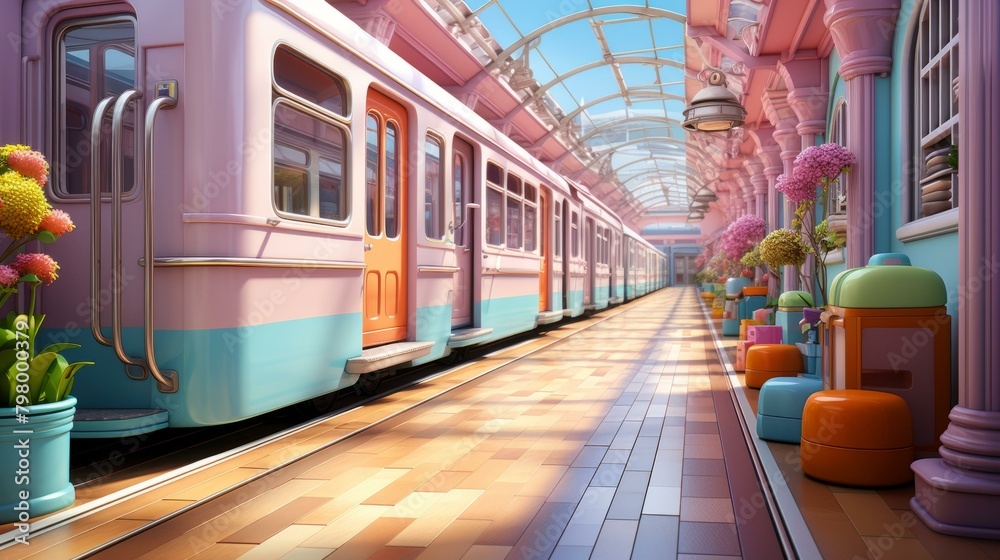 Fototapeta premium b'A pink and blue train station with a long platform and a glass roof'