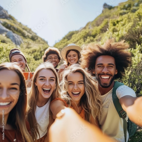 b'A group of diverse friends taking a selfie in the mountains'