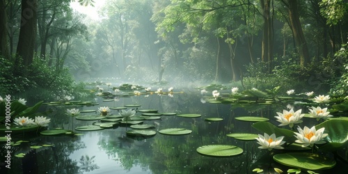 Misty Pond with White Water Lilies