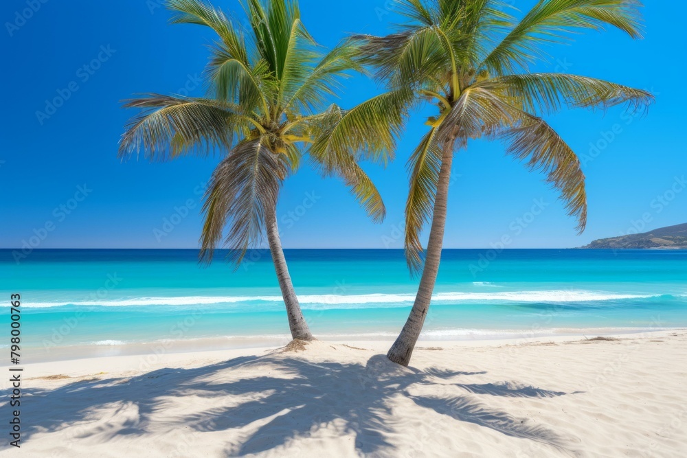 b'Two palm trees on a beach with white sand and turquoise water'
