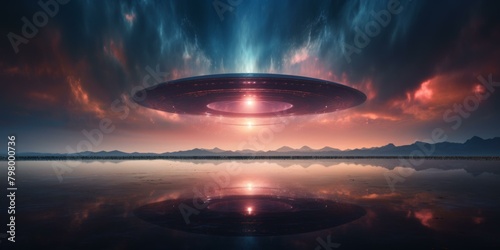 A large flying saucer hovers above a body of water at sunset photo