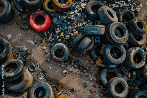Aerial view of discarded tires in a junkyard or repair shop, highlighting recycling efforts and environmental impact.
