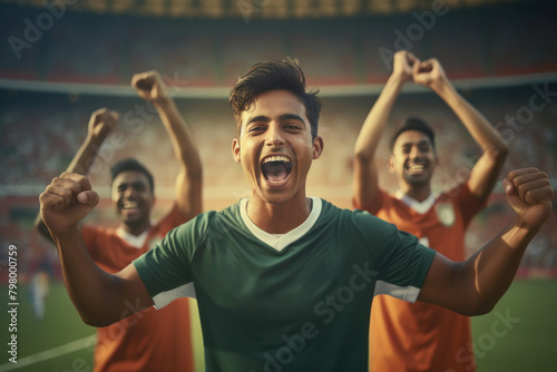 young men and excited audience celebrating and screaming while watching cricket match at stadium photo