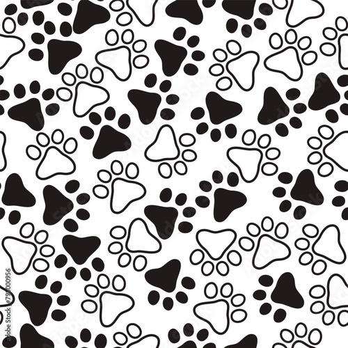 Seamless pattern with cute paws animals. Grooming. Veterinary. Pets. Seamless pattern for pet shop, prints, design. Repeating cartoon black dog or cat on white background. Repeated elements.