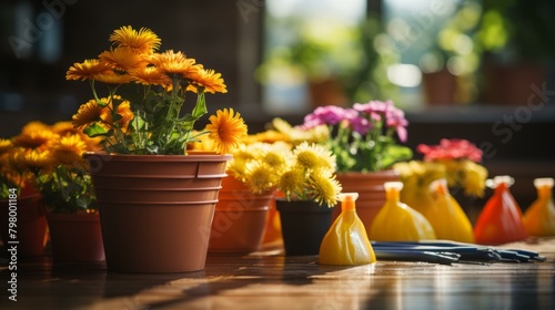 b'Still life of colorful flowers in pots on a wooden table' © Adobe Contributor