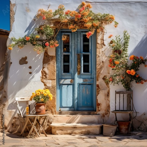 b'Blue door with flowers'