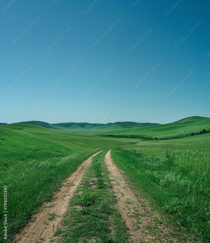 b'dirt road through a lush green grassy field with hill'
