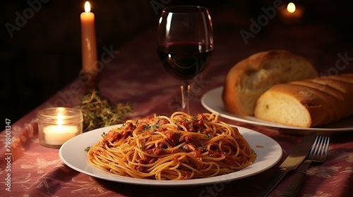 b'A delicious plate of spaghetti with a glass of red wine and a basket of bread'