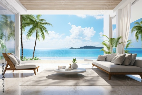 b Modern beach house living room with open terrace and amazing sea view 