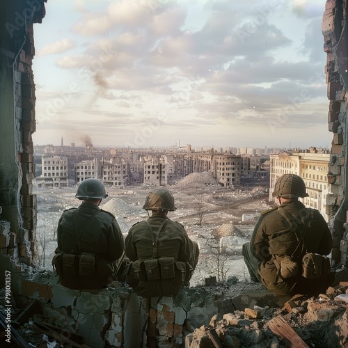 Three Soviet soldiers looking at the ruins of Stalingrad photo