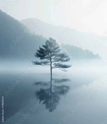 b'A Solitary Tree in the Middle of a Misty Lake' photo