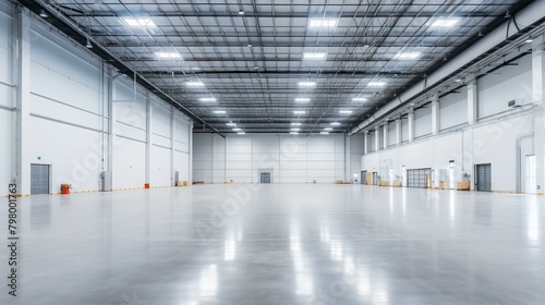 b Large empty warehouse interior with concrete floor and bright led lighting 