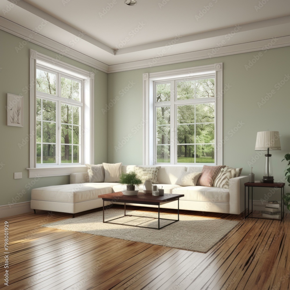 Fototapeta premium b'A Modern Living Room With White Walls and Wood Floors'