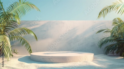 Minimalist tropical beach podium with palm leaf shadows on a white backdrop. Summer showcase and product display concept with copy space. 3D illustration for poster design.