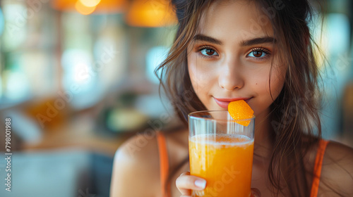 Portrait of beauty body slim healthy asian woman drinking glass of juice and orange.young girl preparing cooking healthy drink with fresh orange juice in kitchen at home.Diet concept.healthy drink.
