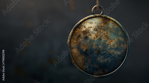 Vintage textured pendant on dark background. Product photography with copy space. Antique jewelry concept for design and print.