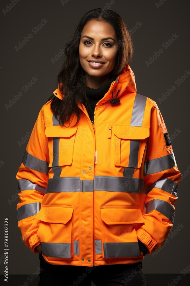 b'portrait of a smiling young woman wearing a high visibility jacket' b'portrait of a smiling young woman wearing a high visibility jacket'