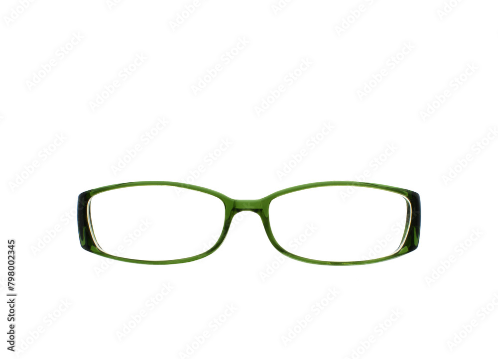 Close up view of the front of a pair of glasses with a green frame isolated on a plain white background. Copy space. Close up view of the front of a pair of glasses with a green frame isolated on a plain white background. Copy space.