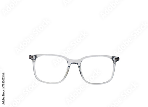 Pair of glasses with a transparetn grey frame isolated on a plain white background. Front view. Copy space. photo