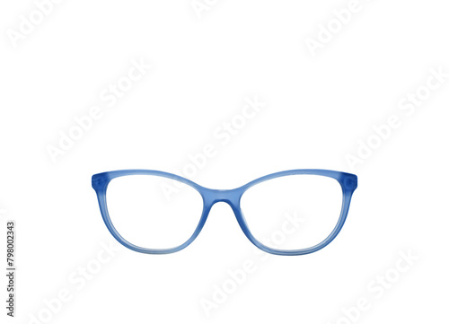 Pair of glasses with a bue frame isolated on a plain white background. Front view. Copy space.