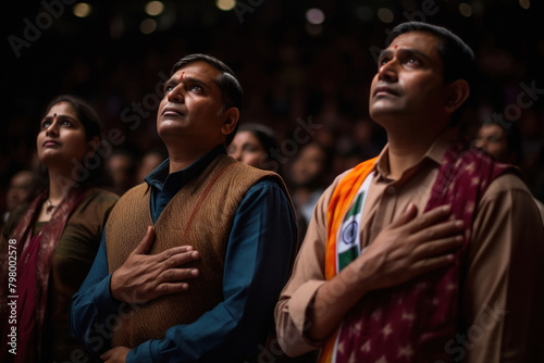 Indian people standing in respect of the national anthem. photo