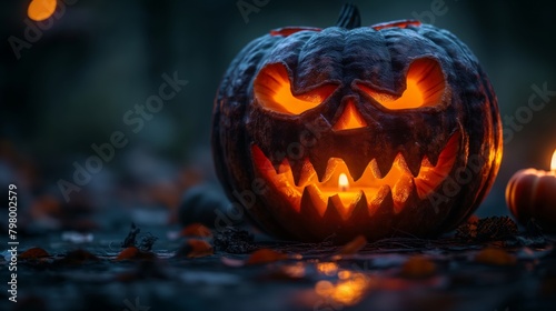 Carved pumpkin with glowing eyes and mouth in a dark setting. Halloween and spooky concept with copy space.