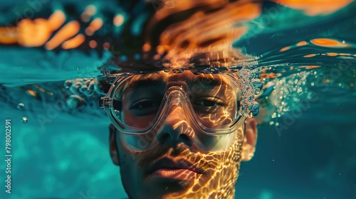 A young person is partially submerged underwater, with only their face visible, wearing clear swim goggles. The water line cuts across the middle of the frame, showing a distorted underwater view of t © Jesse