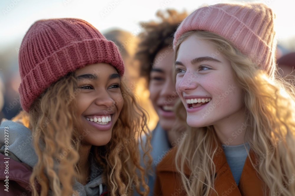 Fototapeta premium b'Three young women wearing beanies smile and chat together outdoors'