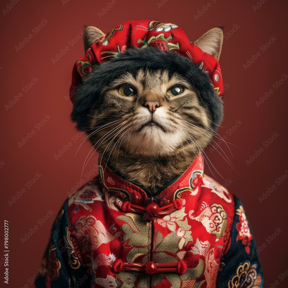 b'A cat wearing a red and gold Chinese traditional costume' b'A cat wearing a red and gold Chinese traditional costume'