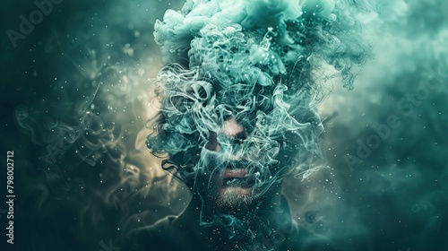 The image features the portrait of a person submerged in a fluid or smoke-like environment, creating an ethereal and dreamlike effect. The swirling blue and green hues suggest that the person is envel