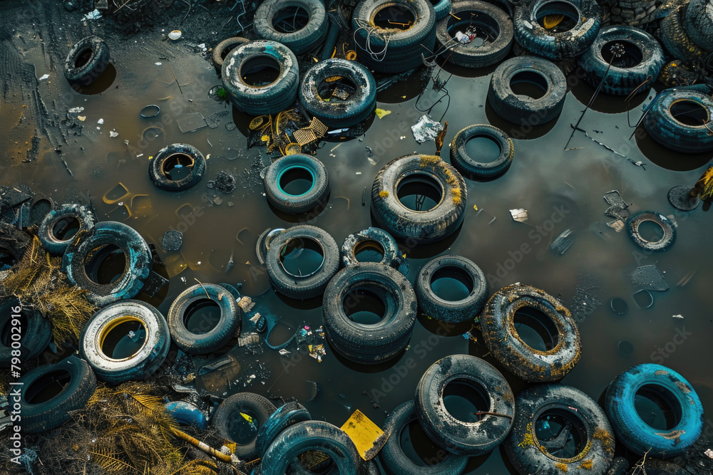 Aerial view of discarded tires in a junkyard or repair shop, highlighting recycling efforts and environmental impact.
Aerial view of discarded tires in a junkyard or repair shop, highlighting recycling efforts and environmental impact.