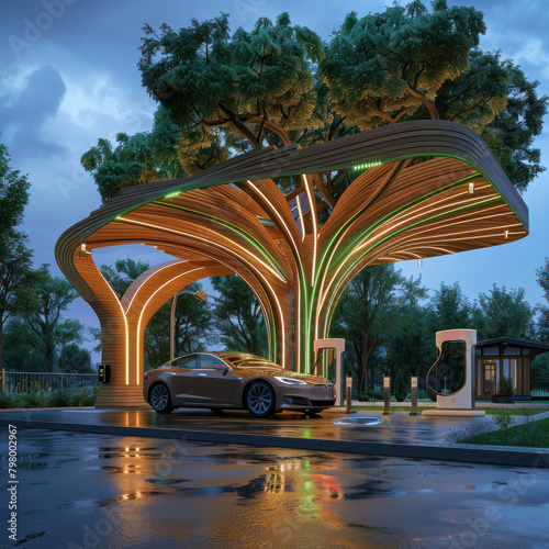 EV charging canopy made from engineered timber and glazed roof, organic shape, the concept is a city oasis, canopy design inspired by a tree,