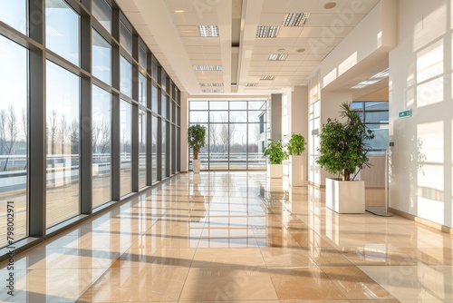 Modern spacious office hall with panoramic windows in natural beige and brown tones