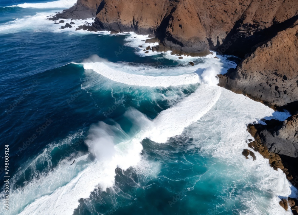 Drone view of Tenerife south coast with Atlantic ocean and strong swell beating against the walls of a rocky cliff