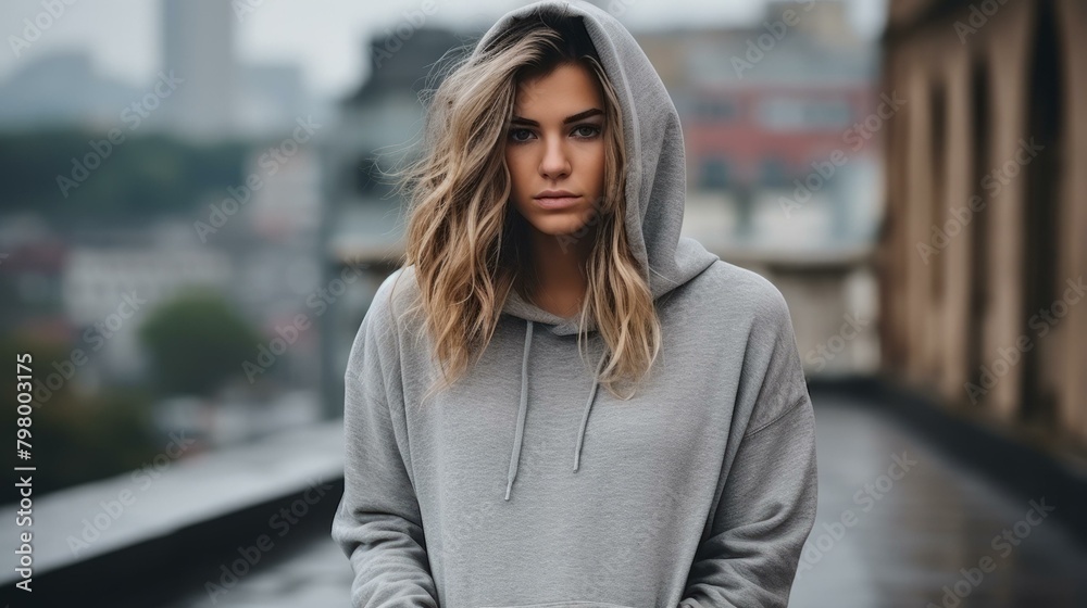 b'Portrait of a young woman in a gray hoodie looking at the camera with a serious expression on her face'
